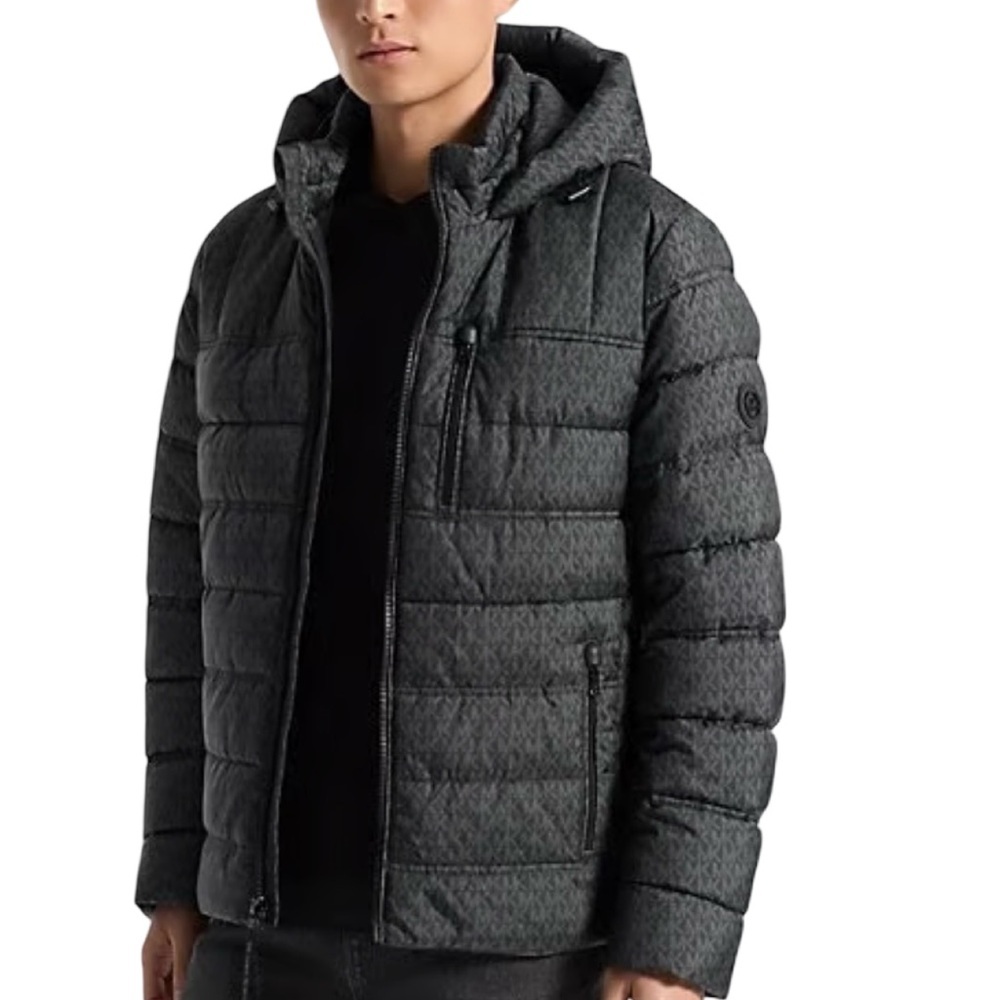 Michael Kors Signature Motif Puffer Hood Jacket Black and Gray Large NWT